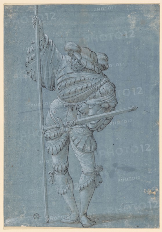 Standing warrior with spear, feather in black, gray washed, heightened in white, on greyish blue primed paper, mounted, sheet: 29.1 x 20.3 cm, unsigned, Hans Rudolf Manuel gen. Deutsch, (zugeschrieben / attributed to), Erlach/Bern 1525–1571 Morges/Waadt