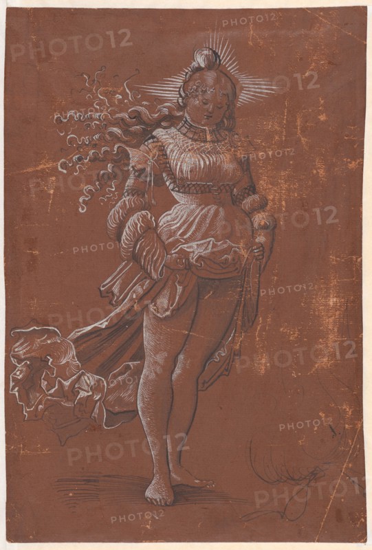 Standing Girl with Halo and Skirt, 1st Half of the 16th Century, Feather in Black, Brush and Pen in White, on reddish brown primed paper, Sheet: 26.3 x 17.7 cm, Unmarked, Anonym, Schweiz, 1. Hälfte 16. Jh.