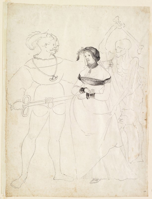 Landsknecht with citizen's wife and skeleton, 1st half of the 16th century, feather in black, sheet: 29.2, 28.7 x 21.7 cm, 21.2 cm, not marked, Anonym, Schweiz, 1. Hälfte 16. Jh., Niklaus Manuel gen. Deutsch, (Umkreis / circle), Bern um 1484–1530 Bern