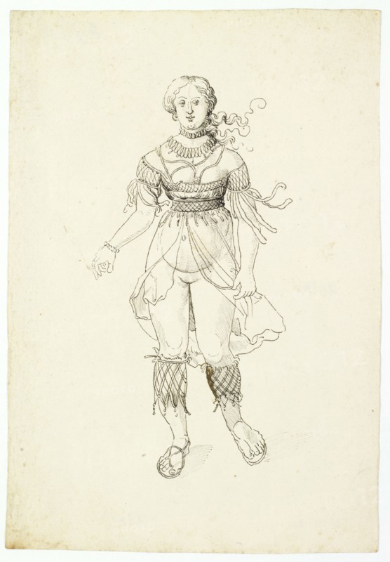 Fantastically Dressed Up Nude Woman, 1st Half of the 16th Century, Feather in Black, Sheet: 21.1 x 14.2 cm, Unmarked, Anonym, Schweiz, 1. Hälfte 16. Jh., Niklaus Manuel gen. Deutsch, (Umkreis / circle), Bern um 1484–1530 Bern