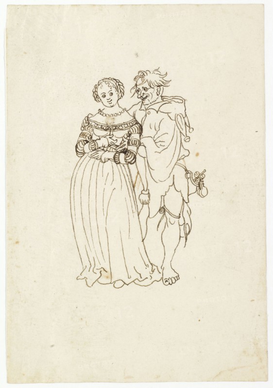 Woman with a ragged fool, 1st half of the 16th century, feather in brown, leaf: 15.6 x 10.6 cm, unsigned, Anonym, Schweiz, 1. Hälfte 16. Jh., Niklaus Manuel gen. Deutsch, (Umkreis / circle), Bern um 1484–1530 Bern