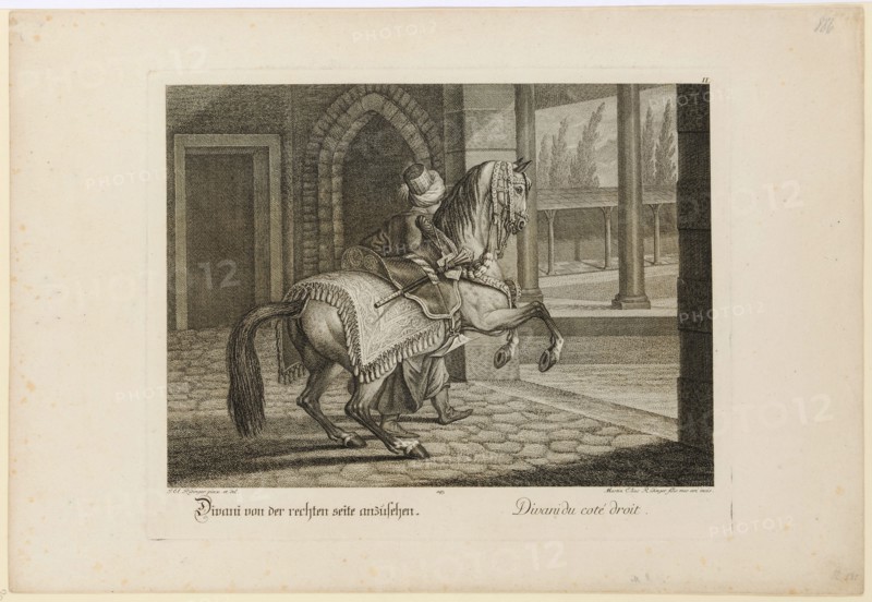 Divani seen from the right side, 1741, copperplate, sheet: 35.6 x 51.5 cm |, Plate: 28.5 x 38.5 cm, in the plate o.r., numbered: II ., u, ., l, ., designated: I. El., Ridinger pinx. Et del ., u, ., r .: Martin Elias Ridinger filio meo oeri incis ., below it: to look at Divani from the right side., Divani du coté droit., Johann Elias Ridinger, Zeichner, Ulm 1698–1767 Augsburg, Martin Elias Ridinger, Kupferstecher, Augsburg um 1730–1780 Augsburg