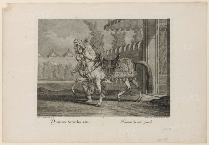 Divani from the left side, 1741, copperplate, sheet: 35.6 x 51.5 cm |, Plate: 28 x 38 cm, in the plate o. R., numbered: III ., u, ., l, ., designated: I. El., Ridinger pinx. Et del ., u, ., r .: Martin Elias Ridinger filio meo oeri incis ., below it: Divani from the left side., Divani du coté gauche., Johann Elias Ridinger, Zeichner, Ulm 1698–1767 Augsburg, Martin Elias Ridinger, Kupferstecher, Augsburg um 1730–1780 Augsburg