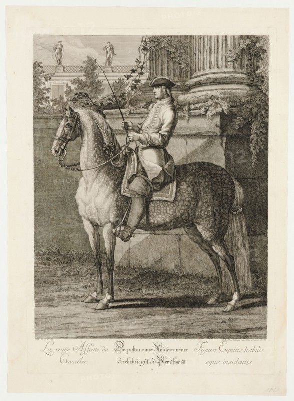 The posture of a rider, how he should sit petite and well on horseback, 1734, etching, sheet: 60 x 43.5 cm |, Plate: 53.8 x 38.8 cm, U.l., below the illustration: avec P.S.C.M ., u.r .: Joh. El., Ridinger inv. Et exc., A. V., Johann Elias Ridinger, Ulm 1698–1767 Augsburg