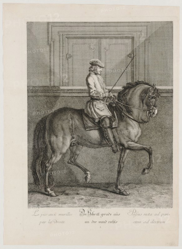 The step straight on the wall to the right, 1734, etching, sheet: 60 x 43.6 cm |, Plate: 53.3 x 38.5 cm, U.l., below the illustration: avec P.S.C.M ., u, ., Middle: Johann Gottfried Seuter sculpsit ., u.r .: Joh. El., Ridinger inv. Des. Et exc., A. V., Johann Elias Ridinger, Ulm 1698–1767 Augsburg