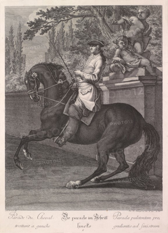 The parade in the step left, 1734, etching, sheet: 59.7 x 44 cm |, Plate: 54.5 x 39.3 cm, U.l., below the illustration: avec P.S.C.M ., u.r .: Joh. El., Ridinger inv. Des. Et exc., A. V., Johann Elias Ridinger, Ulm 1698–1767 Augsburg