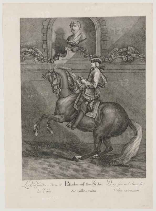 Passades on the conclusion of the half-volte, 1734, etching, sheet: 60.2 x 43.5 cm |, Plate: 54.5 x 39.5 cm, U.l., below the illustration: avec P.S.C.M ., et al .: J. E. Ridinger inv. des. et excud., Aug. Vind., Johann Elias Ridinger, Ulm 1698–1767 Augsburg