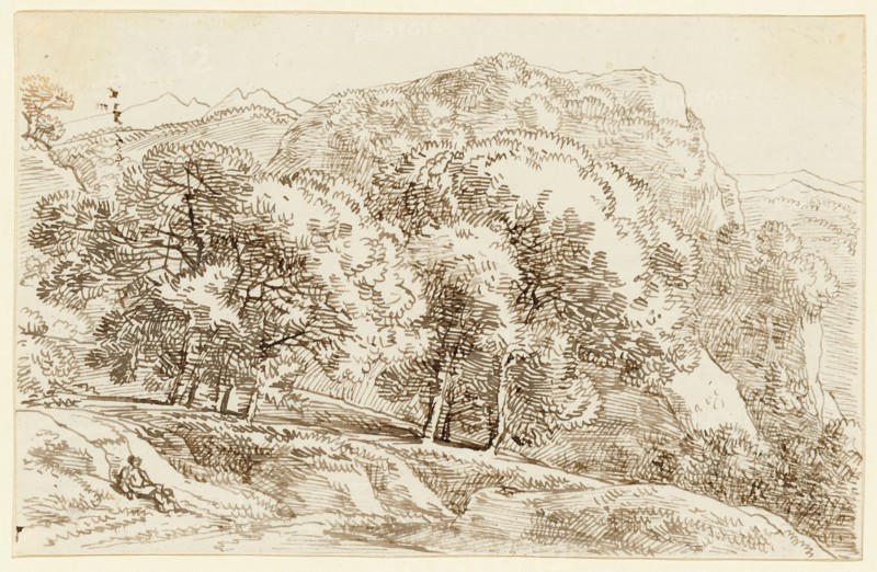 Woody landscape, a wandering hiker in front left, feather (sepia), leaf: 10.1 x 16.6 cm, Franz Innocenz Josef Kobell, Mannheim 1749–1822 München
