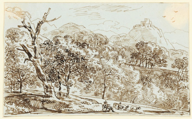 Landscape study, a shepherd with sheep in the foreground, feather (sepia), leaf: 11.3 x 18.5 cm, unsigned, Franz Innocenz Josef Kobell, Mannheim 1749–1822 München