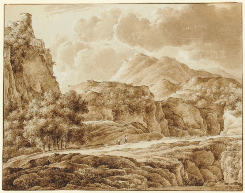 Two figures in a rocky landscape with castle ruins, brush (sepia) and feather (greyish-black) over pencil, leaf: 20.8 x 26.6 cm, not marked, Franz Innocenz Josef Kobell, Mannheim 1749–1822 München
