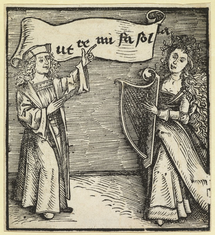 Song hour, 1501, woodcut, sheet: 10.3 x 9.4 cm, inscribed in banner: ut te mi fa sol la, Meister DS (Daniel Schwegler?), (zugeschrieben / attributed to), tätig 1503–1515 in Basel