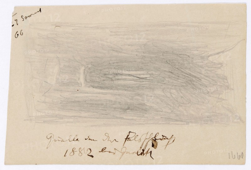 Remembrance sketch after the painting by Arnold Böcklin Quell in a canyon, 1866, pencil, sheet: 10 x 6.8 cm, inscribed vertically on the left edge of the picture (pen, black): Source in the canyon, 1882 near Gurlitt, Rudolf Schick, Berlin 1840–1887 Berlin