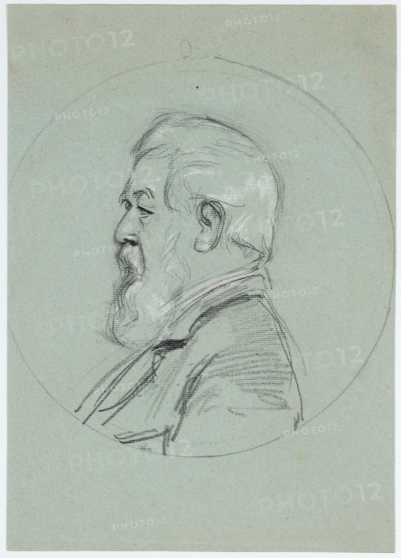 Portrait Arnold Böcklin in profile to the left, 1897, pencil, heightened with white, on blue-green paper, page: 29.5 x 20.8 cm, Hans Sandreuter, Basel 1850–1901 Riehen