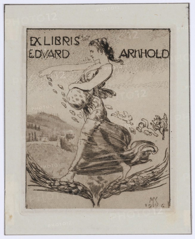 Ex Libris Eduard Arnhold, 1906, etching on thin China paper, mounted on dark gray cardboard, sheet: 16.3 x 13.1 cm |, Plate: 12.7 x 10.2 cm, in the plate u., r., monogrammed and dated: MK, 1906, Max Klinger, Leipzig 1857–1920 Grossjena bei Naumburg