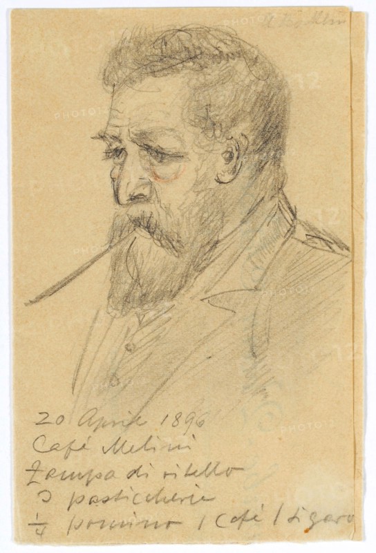 Arnold Böcklin in the Café Melini, Florence, smoking a cigar, 1896, pencil, sheet: 10.8 x 6.9 cm |, Leaf: 10.8 x 14 cm (total mass, unfolded), U. l., Dated and dated in pencil: April 20, 1896, Café Melini, Zampa di Vitello, J pasticcherie, 1/4 pomino l Café l Sigaro, Anonym, 19. Jh.