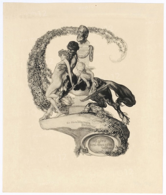Ex libris for Walther Heinisch, photo engraving, plate: 13.5 x 11 cm |, Leaf: 16.6 x 14 cm, inscribed in the image field: Ex libris Walther, Heinisch, Franz von Bayros, Agram (Zagreb) 1866–1924 Wien