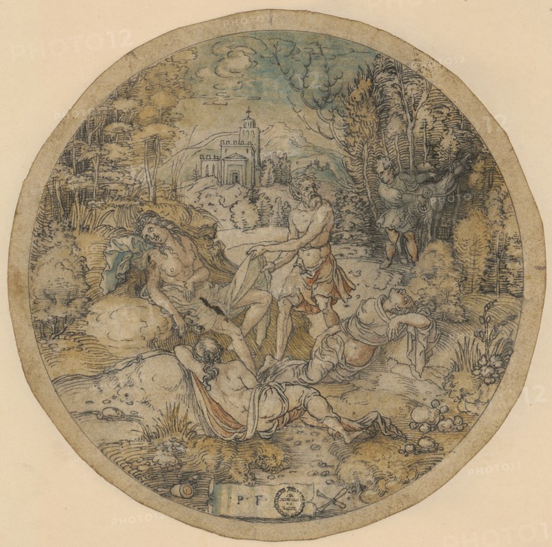 Priapus and Lotis, after 1540, feather in black, light green, blue and red watercolored, round cut out, page: 13.4 cm (diam.) |, Image: 12.3 cm (Dm.), U. M. monogrammed with pen in black: .P.F ., l, ., next to it Klöpfel, r., next to it two crossed balusters, Peter Flötner, Thurgau um 1485–1546 Nürnberg
