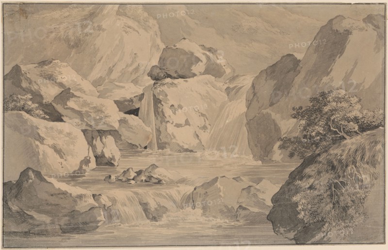 Waterfall at Salomon Gessner's Sommerklause, pencil, brush in gray, washed, sheet: 20.7 x 32.3 cm, unsigned, Adrian Zingg, St. Gallen 1734–1816 Leipzig