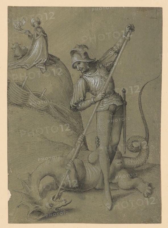 The hl., Georg on foot in the battle of the dragons, c. 1490, pen in black, gray washed, heightened in white, on green primed paper, reverse side laminated with Japanese paper, page: 17.9 x 12.7 cm, unsigned, Anonym, Schwaben, um 1490