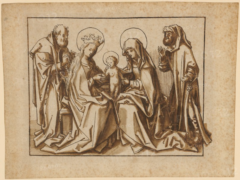 The sacred clan (Anna Selbdritt with Joseph and Joachim), c. 1500, pen in brown, brown washed, sheet: 15.9 x 20.8 cm, 21.5 |, Picture: 12.6 x 16 cm, Not marked, Hans Holbein d. Ä., (Werkstatt / workshop), Augsburg um 1460/65–1524