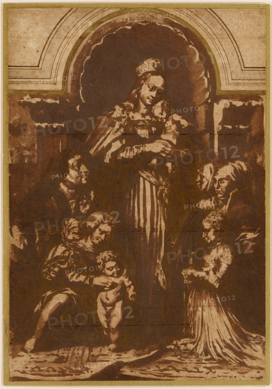 Copy after Hans Holbein's Madonna of the Mayor Meyer, pen and brush in brown and yellow-brown, Covered all over and provided with a gold frame, leaf: 28.9 x 19.9 cm, Jan de Bisschop, Amsterdam 1628–1671 Den Haag