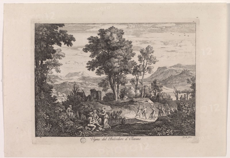 Vigna del Belvedere d'Olevano, 1810, etching, sheet: 20 x 29 cm |, Plate: 16.2 x 21.8 cm, in the plate o. R., designated: 3, M. and., inscribed: Vigna del Belvedere d'Olevano, u.r., signed: Koch fece., Joseph Anton Koch, Obergiblen bei Elbigenalp (Lechtal) 1768–1839 Rom