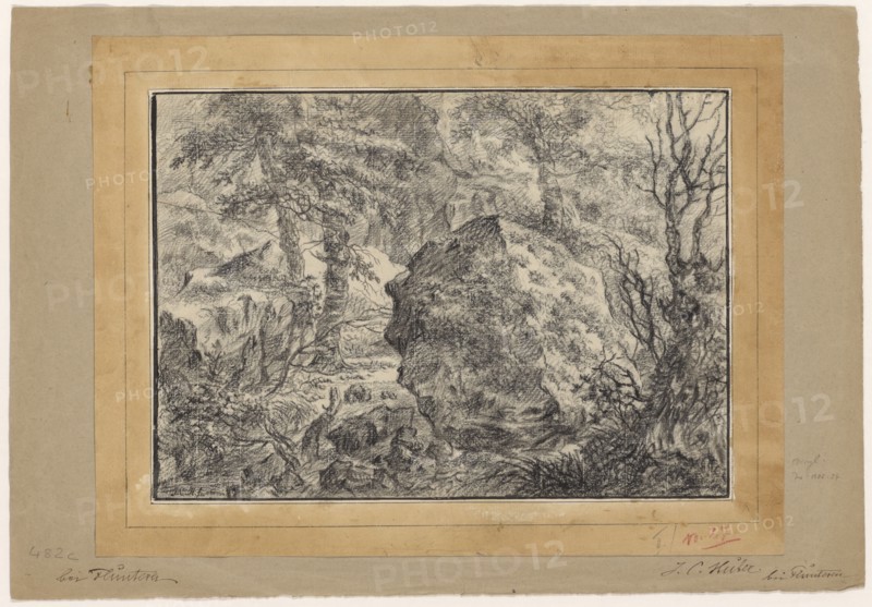 Rocky forest landscape near Fluntern (Zurich), after 1789, charcoal on Vergé, several times framed in black with pen, mounted on backing paper, Carrier paper on the upper edge of the sheet mounted on additional, brown backing paper, Sheet: 26.2, 27 x 37.7 cm /38.1, In the illustration u., l, ., monogrammed with pen: J.C.H. f, Johann Kaspar Huber, Glattfelden/Zürich 1752–1827 Zürich
