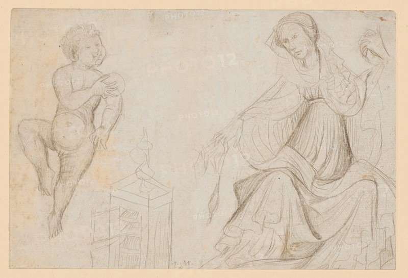 Child Jesus and Seated Mary with a spindle, 1st quarter of the 15th c., Silver pencil, on paper primed white, sheet: 13.3 x 19.9 cm, U. M. monogrammed with pen in brown: I M, Anonym, Südwestdeutschland, (Österreich Vorlande), 1. Viertel 15. Jh.