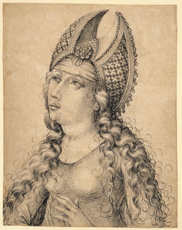 Half-length portrait of a woman looking up, to the left, c. 1470/80, pen in black, page: 18.6 x 14.5 cm, unsigned, Anonym, Oberrhein (Elsass), um 1470/80