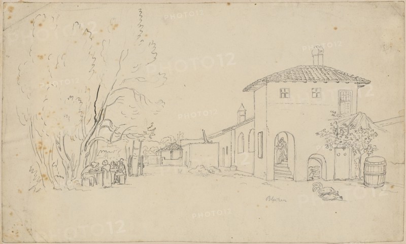 Italian homestead with shy and chopping people under the trees, pencil and pen, mounted on backing paper, sheet: 20.3 x 34 cm, under the illustration r., Signed in pencil: sheet metal, Carl Blechen, Cottbus 1798–1840 Berlin