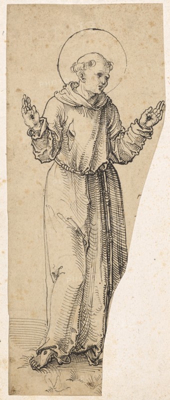 Saint Francis, standing, with outstretched arms, pen in black, Journal: 27.9 x 6.6 cm /11.2 cm, Not marked, Albrecht Dürer, (Umkreis / circle), Nürnberg 1471–1528 Nürnberg, Benedikt-Meister
