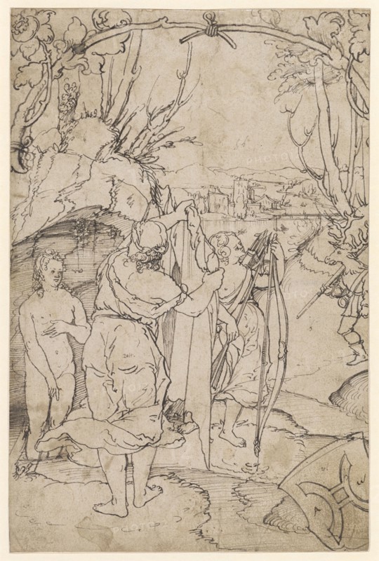 Disc tear with Diana and Aktäon, below the coat of arms of the Bullinger Antiker (?), Pen in black, brush in gray, page: 29 x 19.2 cm, color information, Hans Leu d. J., Zürich um 1490–1531 in der Schlacht am Gubel