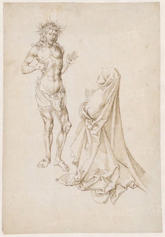 Christ the Sorcerer of pain, appearing to a nun (?), Feather in light brown, Leaf: 30.7 x 21.3 cm, Unsigned, Anonym, Oberrhein (sog. Pseudo-Leu)