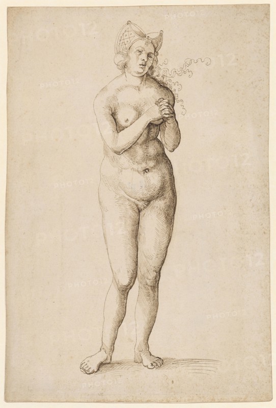 Naked woman with fantastic headdress and folded hands, feather in brown, leaf: 31.1 x 21.1 cm, not marked, Anonym, Oberrhein (sog. Pseudo-Leu)