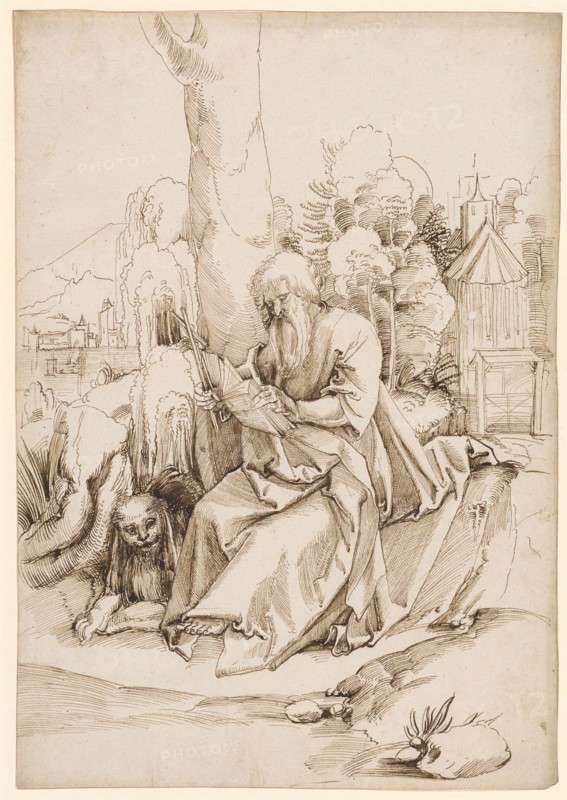 The hl., Hieronymus in a Landscape, reading, c. 1510, pen in brown, sheet: 31.5 x 21.9 cm, unsigned, Anonym, Oberrhein (sog. Pseudo-Leu)