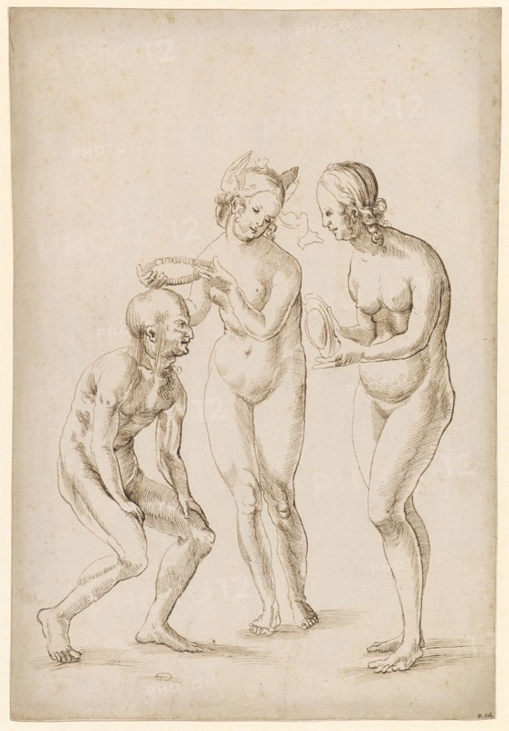 Two naked women, garlanding a man, feather in brown, leaf: 31 x 21.1 cm, unsigned, Anonym, Oberrhein (sog. Pseudo-Leu)