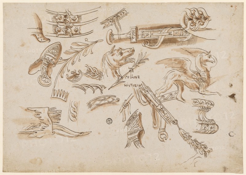Studies on the basis of Trajan's Column, 1541/47, feather in brown, red-brown washed, sheet: 20.9 x 29.7 cm, O. r., numbered: 3, in the illustration: COLLONE, HISTORIae, u, ., r .: C, o. r., numbered with red chalk: 3, Frans Floris de Vriendt I., Antwerpen 1519/20–1570 Antwerpen