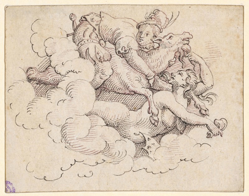 A witch flying to the right carries in clouds a young squire, riding a goat, feather in black and purple, leaf: 7.7 x 9.8 cm, unmarked, Virgil Solis, Nürnberg 1514–1562 Nürnberg