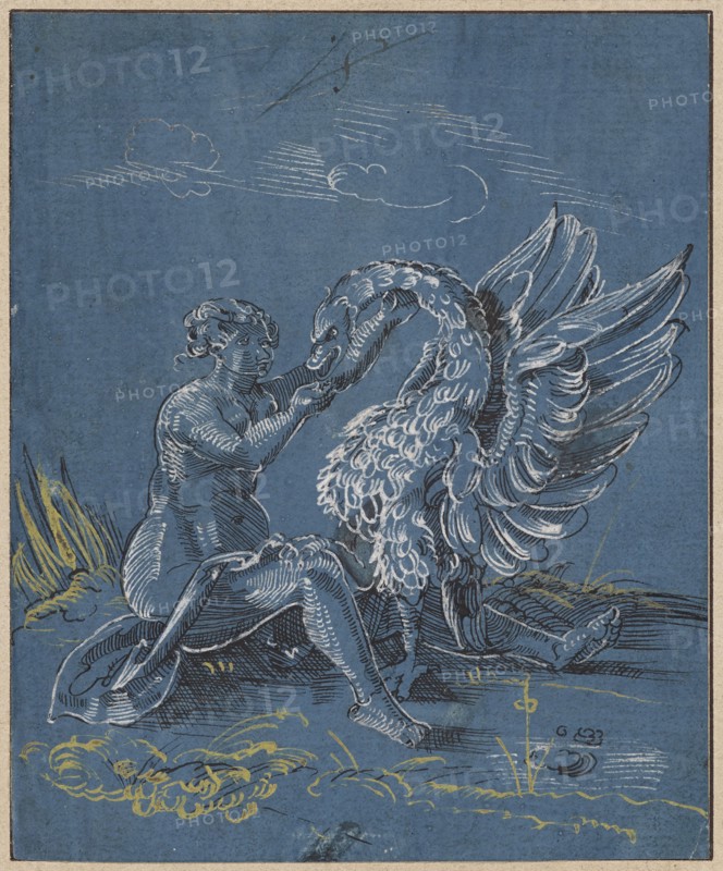 Leda with the swan, pen in black, white and yellow heightened, on steel blue primed paper, sheet: 12.9 x 10.6 cm, O. M. with pen in black monogrammed: VS [lig.], Virgil Solis, Nürnberg 1514–1562 Nürnberg