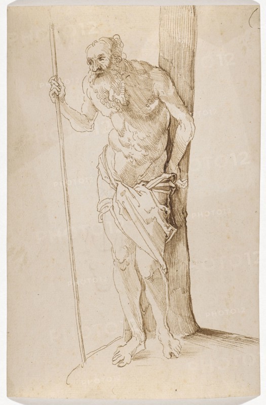 Naked man leaning against a tree, 1st half of the 16th century, feather in brown, sheet: 197/199 x 132 mm, unmarked, Anonym, Oberrhein (sog. Pseudo-Leu)