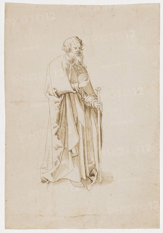 The apostle James the Elder, with pilgrim's staff and shell, 1st half of the 16th century, feather in brown, page: 213 x 147 mm, unmarked, Anonym, Oberrhein (sog. Pseudo-Leu)
