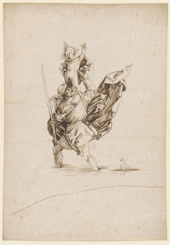 St. Christopher, 1st half of the 16th century, feather in brown, sheet: 31.1 x 21.6 cm, unsigned, Anonym, Oberrhein (sog. Pseudo-Leu)