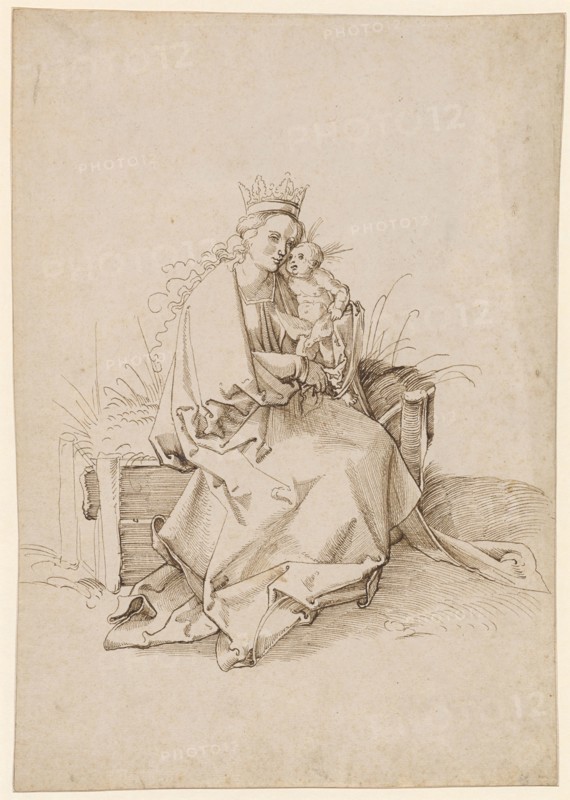 Mary with Child on Lawn Bank, 1st Half of the 16th Century, Feather in Brown, Sheets: 29.3 x 20.4 cm, Unmarked, Anonym, Oberrhein (sog. Pseudo-Leu)