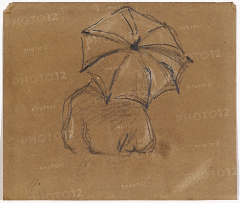 Figure with umbrella, seen from behind, 1866/69, black chalk and heights with white chalk on brown drawing paper, verso: pencil, sheet: 14.3 x 16.9 cm, on the back o. l., inscribed in pencil: Ma gracieuse Marie, Je vous aime et vous prie, De garder les mots d'écrit, Que vous envoient vos amis., Sur vos belles lèvres roses, Ce bonbon glissera bien, Il passe sur bien des choses, Sans en gâter le carmin., Ce joli bonbon rose, Si gentiment tourné, Dans une bouche rose, Serait heureux d'entrer, at the r., Edge fragment of another stanza, Paul Cézanne, Aix-en-Provence 1839–1906 Aix-en-Provence
