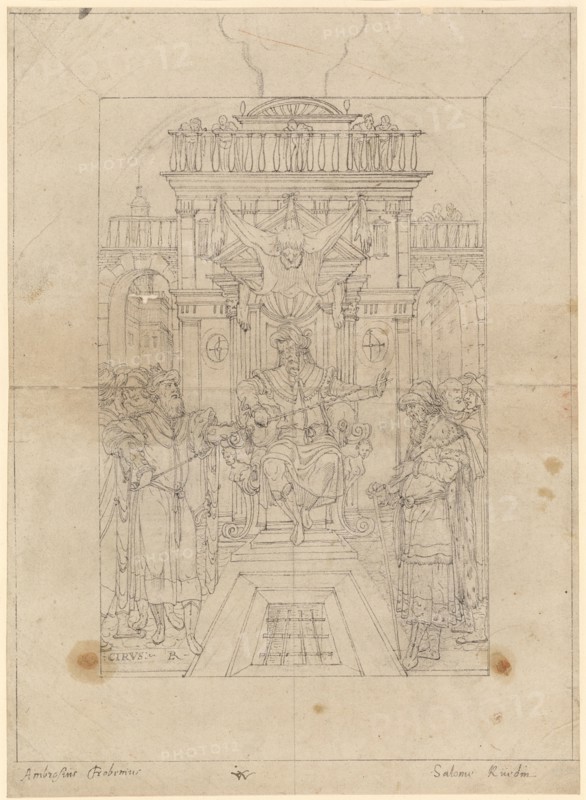 Enwurf for a middle picture with the judgment of Cambyses, feather in dark gray, remains of a preliminary drawing with black pencil, mounted, sheet: 34 x 24.7 cm |, Picture: 32.2 x 23.9 cm, U. l., monogrammed: LR [lig.], inscribed on the left: CIRVS, Ludwig Ringler, Basel 1536–1606 Basel