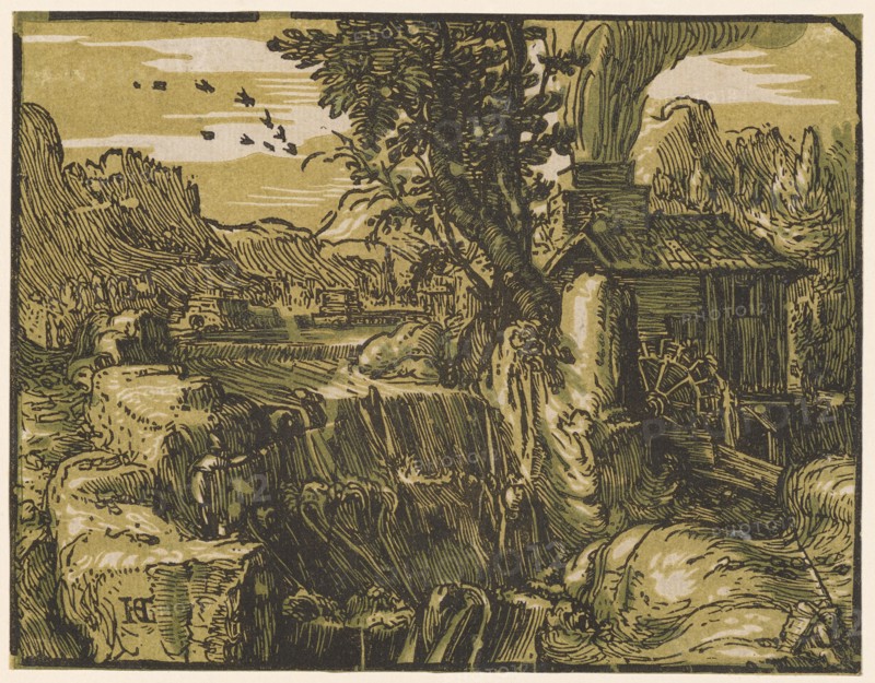 Landscape with waterfall, c. 1597/1600 (print probably 1617/20), chiaroscuro woodcut of three plates (green, light green and black), page: 11.3 x 14.7 cm, U. l., monogrammed: HG [lig.], Hendrick Goltzius, Mühlbrecht 1558–1617 Haarlem, Willem Jansz. Blaeu, Verleger, Alkmaar 1571–1638 Amsterdam