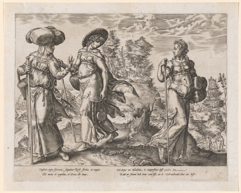 Orpas Separation of Noomi and Ruth, 1580, copperplate, plate: 21.9 x 27.8 cm |, Leaf: 24.7 x 30.6 cm, U.M. l., dated: 15.80, Deserit Arpa socrum, sequitur Ruth fortis, et inquit, Est meus et populus, et Deus illu tuus., The Arpa a Moabitin, ir swigerfraw lend, Ruth Naemi trew and cling to ir god widrumb does the best, u, ., r., numbered: 1, Hendrick Goltzius, Mühlbrecht 1558–1617 Haarlem