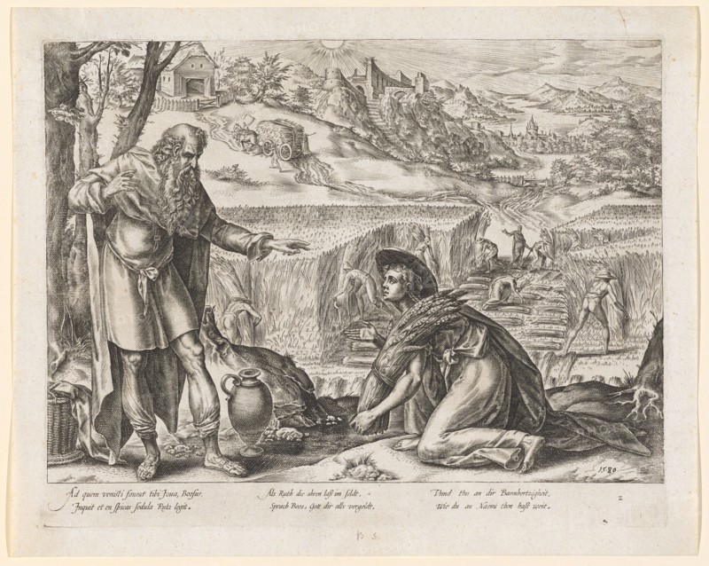Ruth and Boas in the field, 1580, copperplate, plate: 21.9 x 28 cm |, Leaf: 24.7 x 30.9 cm, U. r., dated: 15.80 ., inscribed under the image field: Ad quem venisti faueat tibi joua, Boosus., Inquit et en spicas sedula Ruta legit., When Ruth lays her ears in the field, said Boos, God forgives you all., And thou shalt be baritous to thyself, as thou hast to Naemi than far, u, ., r., numbered: 2, Hendrick Goltzius, Mühlbrecht 1558–1617 Haarlem