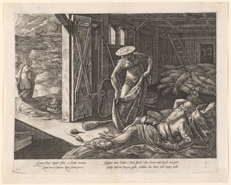 Ruth and Boas in the barn, 1580, copperplate, plate: 22 x 28 cm |, Sheet: 24.7 x 30.7 cm, L.M. on the doorstep dated: 1580, inscribed below the image field: Gnata (Boos inquit) f [a] elix et sancta vocaris, Quod non es Juvenes Ruta secuta procos., Blessed my daughter (Boos said) to the gentleman god that you have not followed, followed the boy, u, ., r., numbered: 3, Hendrick Goltzius, Mühlbrecht 1558–1617 Haarlem