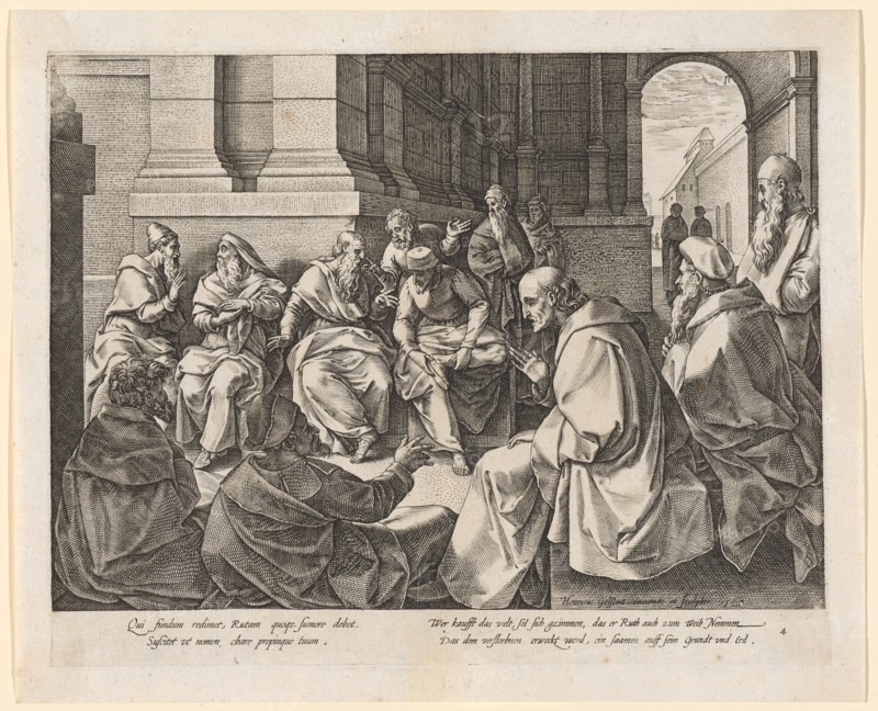 Boas with the Ten Elders, 1580, copperplate, plate: 22 x 27.8 cm |, Leaf: 24.8 x 30.2 cm, U. r., designated and dated: Henricus Golßius inuent., et sculptor 1580, inscribed below the image field: Qui fundum redimet, Rutam quoq [ue] sumere debet., Suscitet vt nomen., chare propinque tuum, Who buys the world, and marries himself, that he also arrests Ruth for a wife? That which is awakened to the dead, a seed is founded and ground, u, ., r., numbered: 4, Hendrick Goltzius, Mühlbrecht 1558–1617 Haarlem